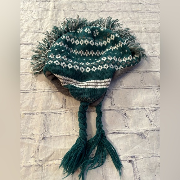 KIDS YKK GREEN/WHITE/GRAY MOHAWK STYLE WINTER HAT - Picture 1 of 7